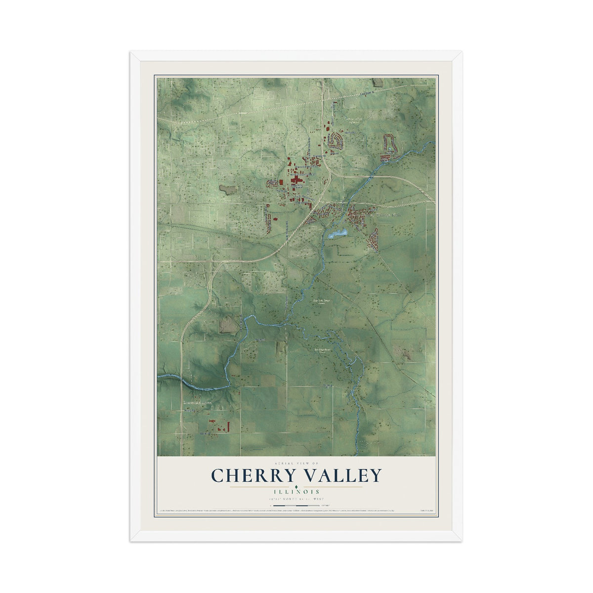 Map of Cherry Valley, Illinois, 12 x 18 inch print in a white wood frame