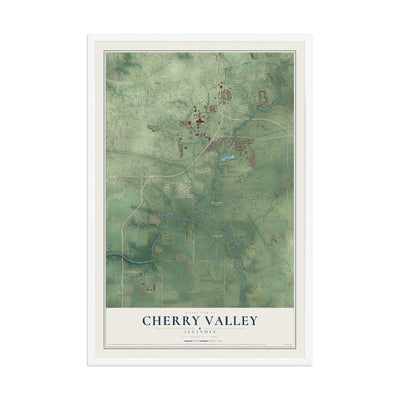 Map of Cherry Valley, Illinois, 12 x 18 inch print in a white wood frame