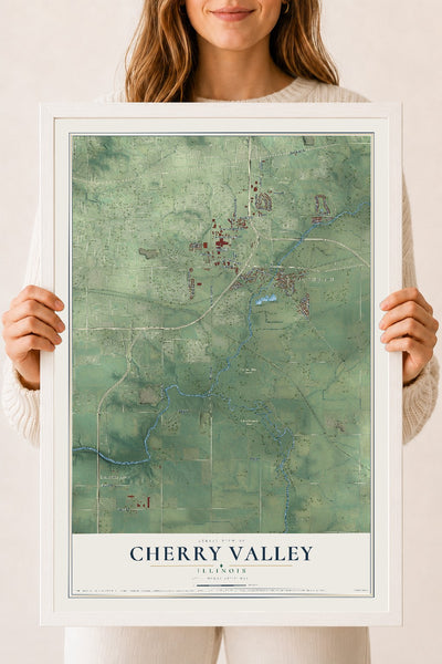 Map of Cherry Valley, Illinois, 18 x 24 inch print in a white wood frame