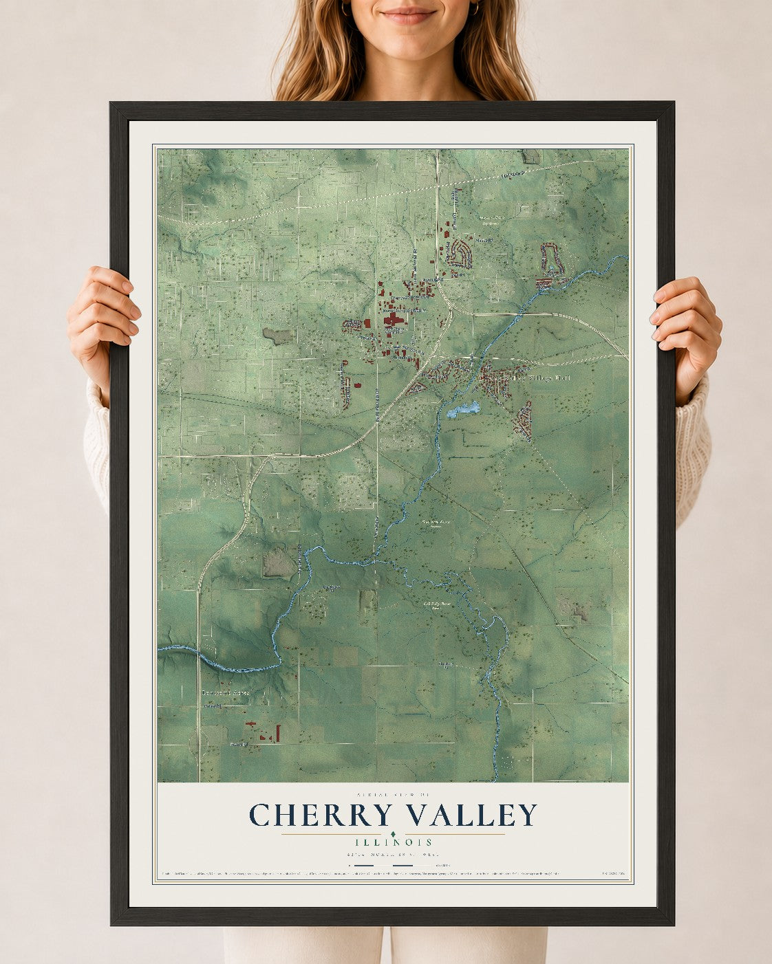 Map of Cherry Valley, Illinois, 24 x 36 inch print in a black wood frame