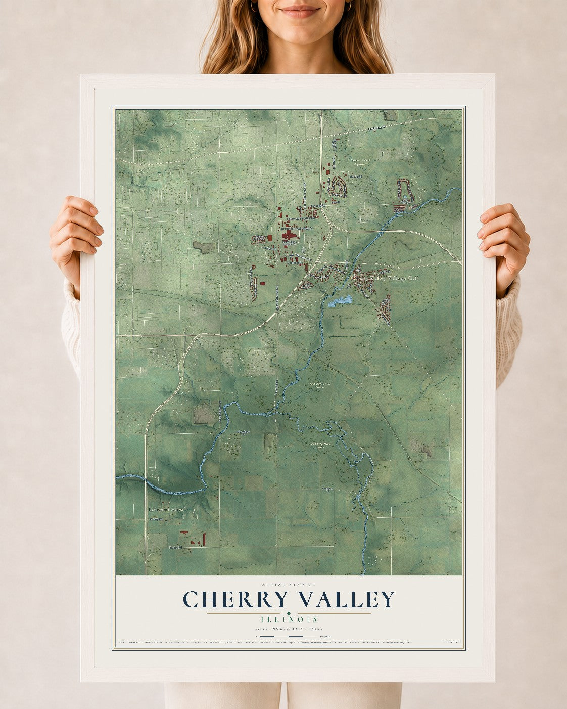 Map of Cherry Valley, Illinois, 24 x 36 inch print in a white wood frame