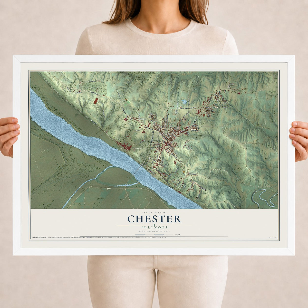 Map of Chester, Illinois, 18 x 24 inch print in a white wood frame