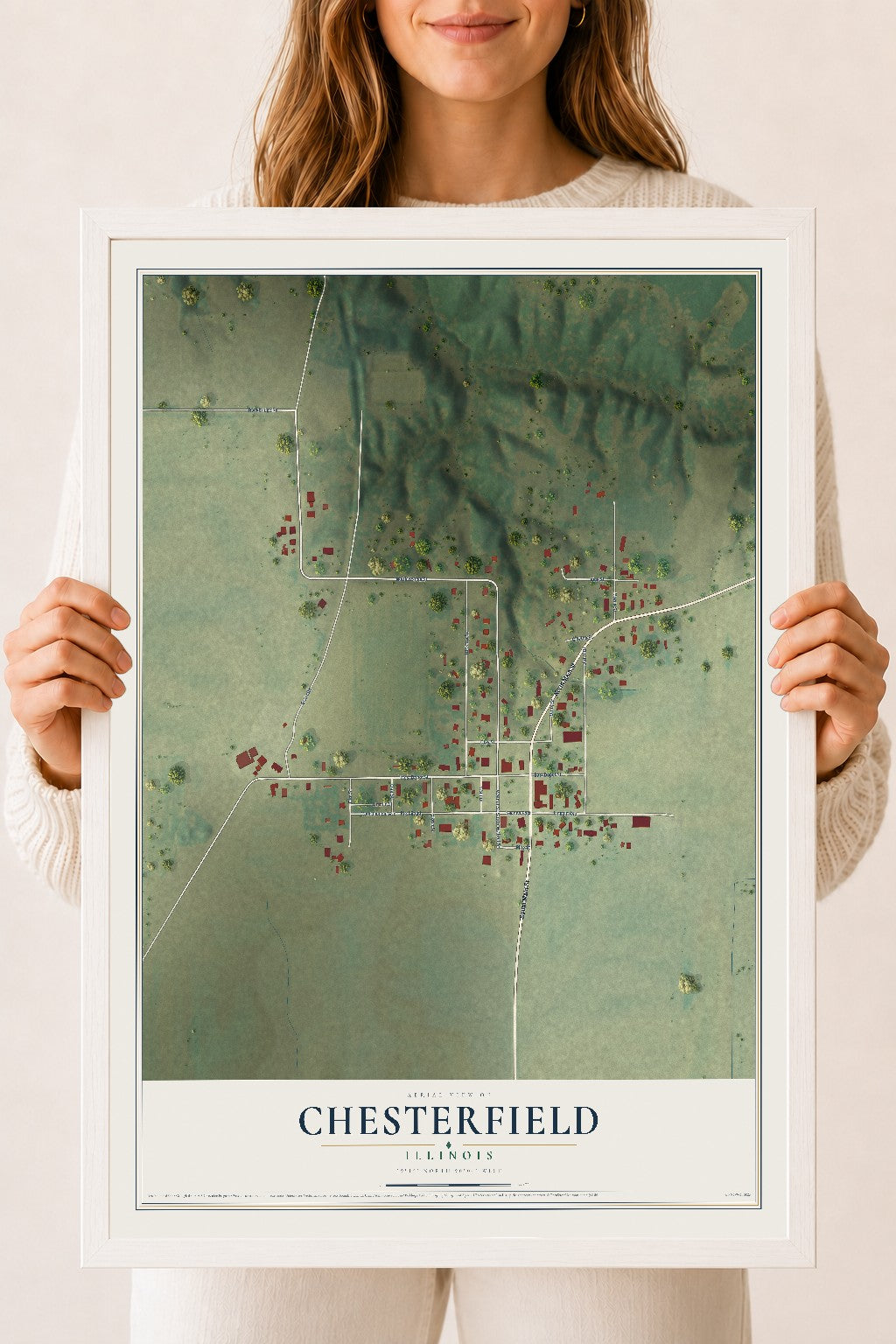 Map of Chesterfield, Illinois, 18 x 24 inch print in a white wood frame