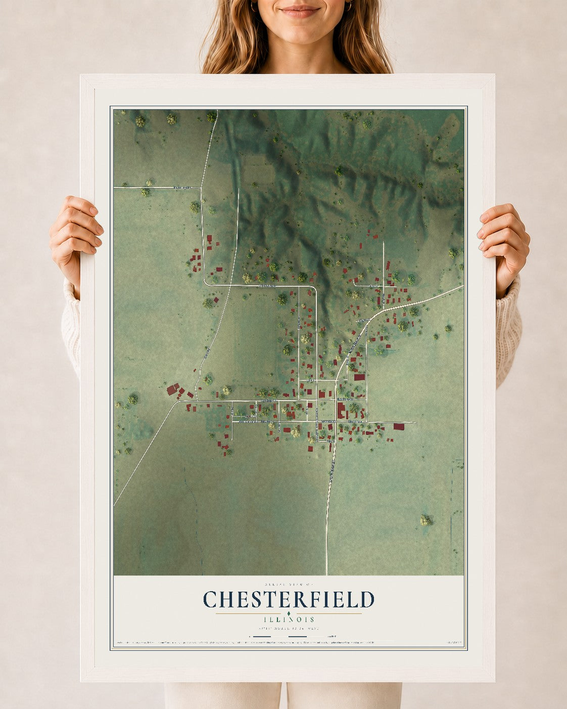 Map of Chesterfield, Illinois, 24 x 36 inch print in a white wood frame
