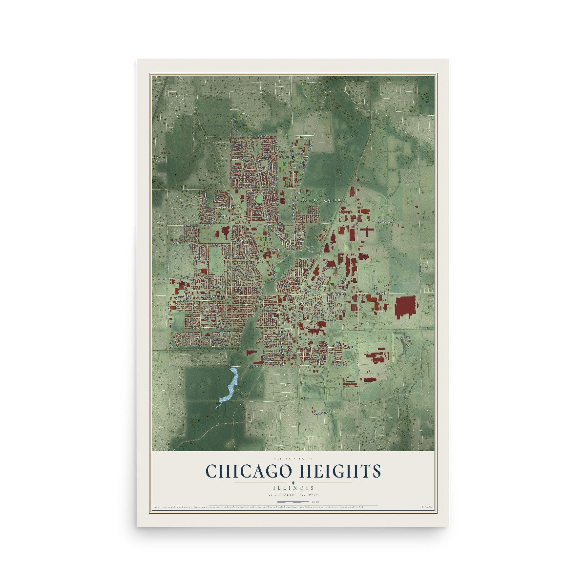Map of Chicago Heights, Illinois, 12 x 18 inch unframed archival matte print