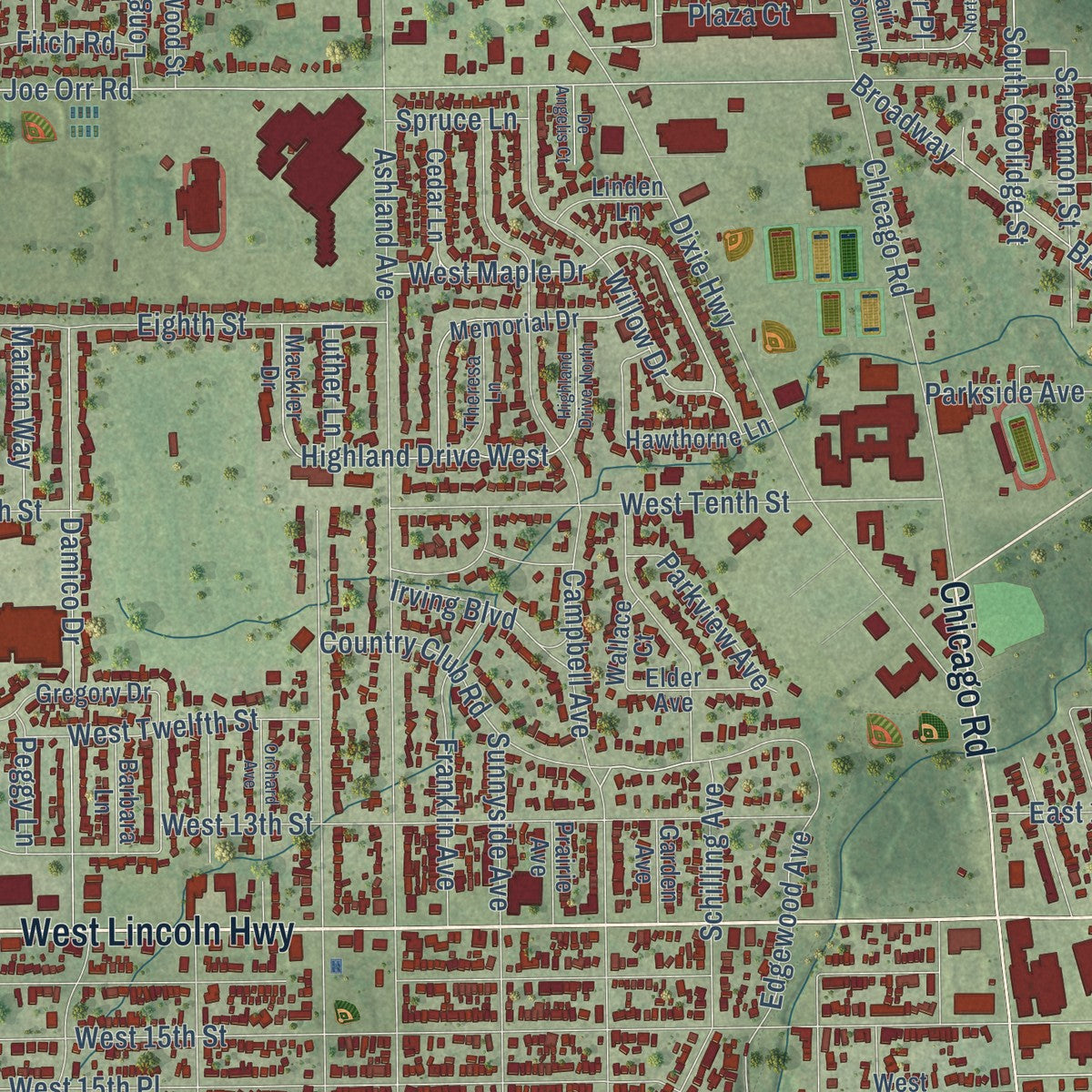 Close-up of the map of Chicago Heights, Illinois print showing street and building detail