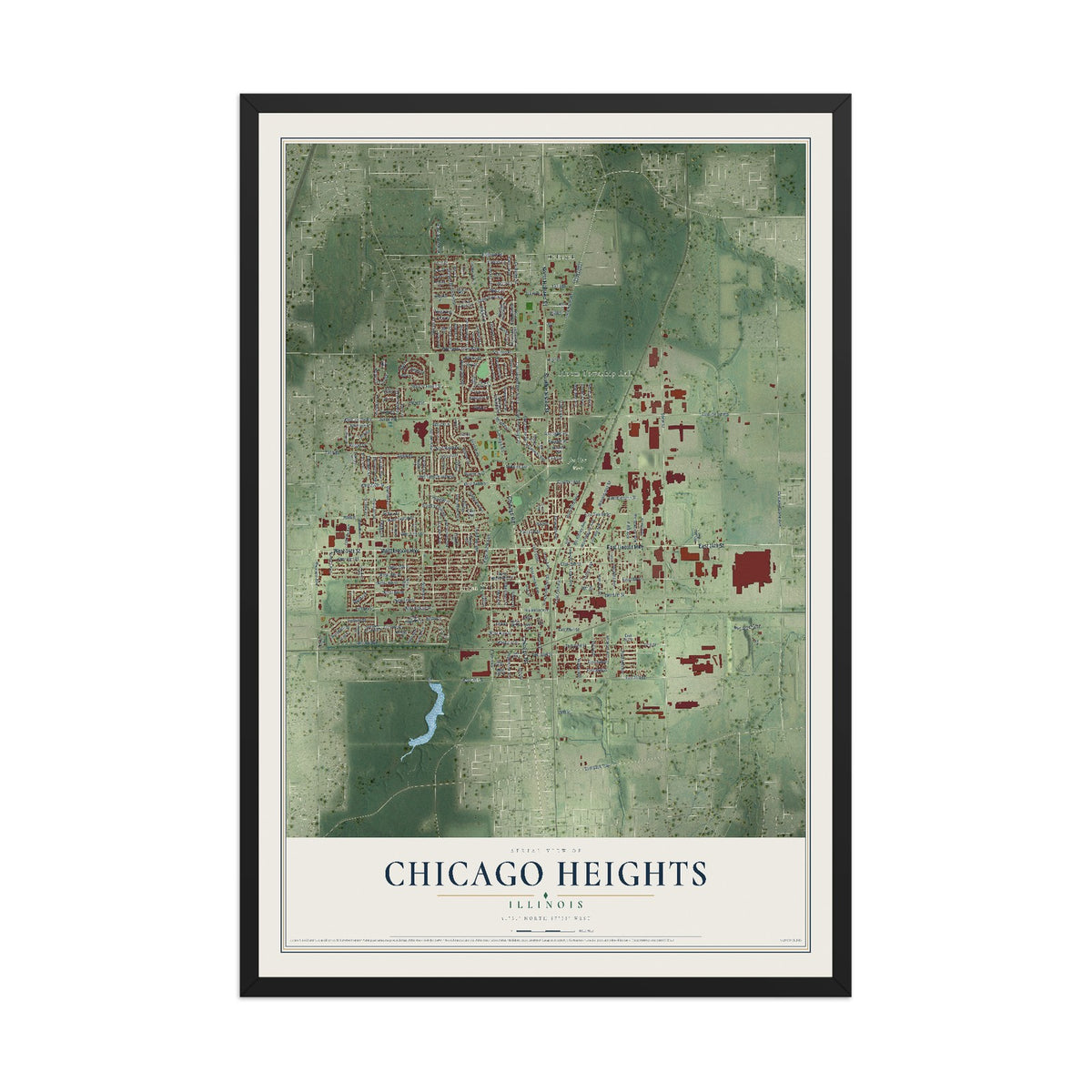Map of Chicago Heights, Illinois, 12 x 18 inch print in a black wood frame