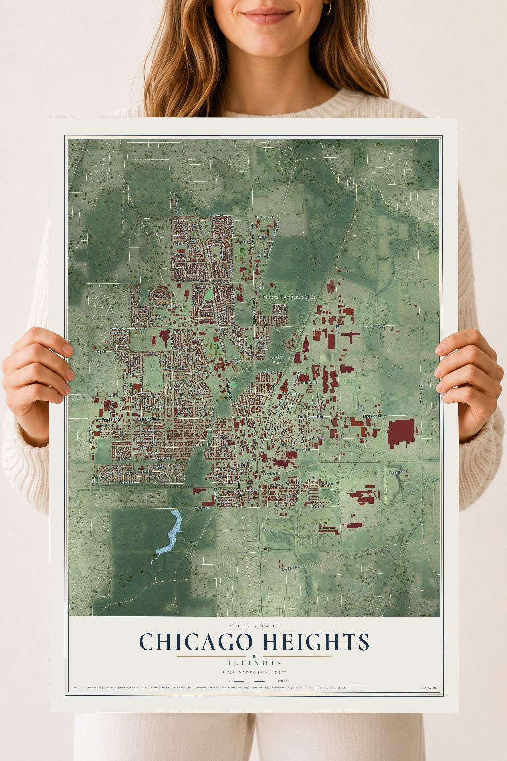 Map of Chicago Heights, Illinois, 18 x 24 inch unframed archival matte print
