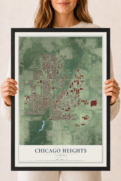 Map of Chicago Heights, Illinois, 18 x 24 inch print in a black wood frame