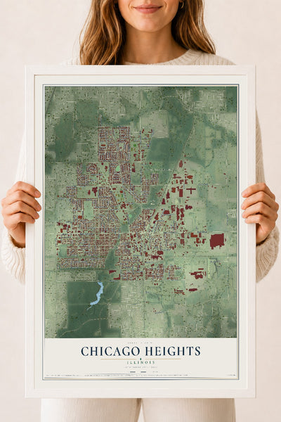 Map of Chicago Heights, Illinois, 18 x 24 inch print in a white wood frame