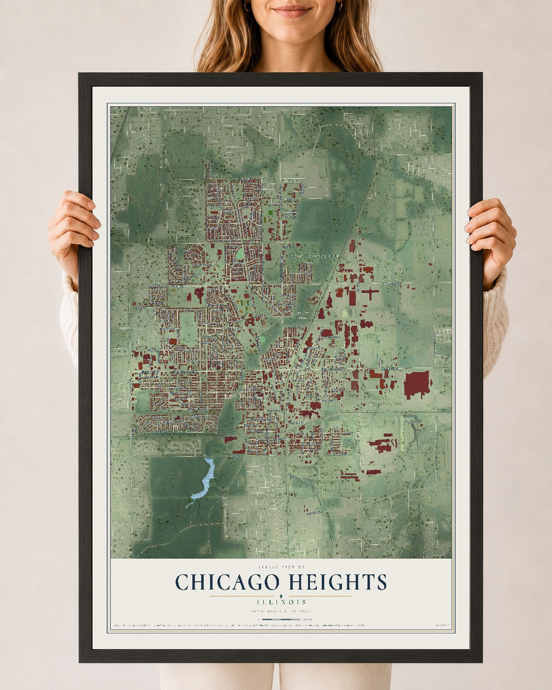 Map of Chicago Heights, Illinois, 24 x 36 inch print in a black wood frame