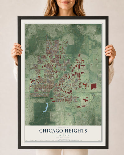 Map of Chicago Heights, Illinois, 24 x 36 inch print in a black wood frame