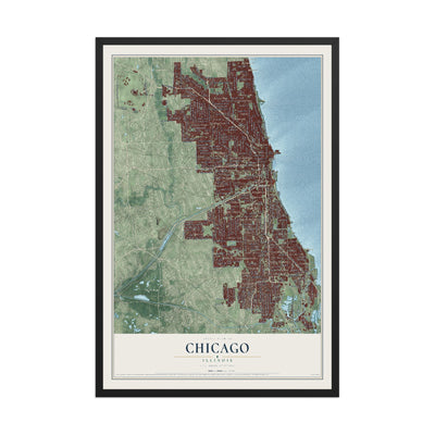 Map of Chicago, Illinois, 12 x 18 inch print in a black wood frame
