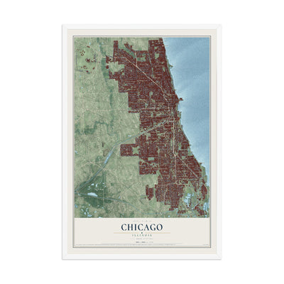 Map of Chicago, Illinois, 12 x 18 inch print in a white wood frame