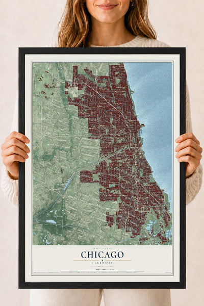 Map of Chicago, Illinois, 18 x 24 inch print in a black wood frame