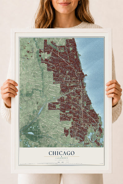 Map of Chicago, Illinois, 18 x 24 inch print in a white wood frame