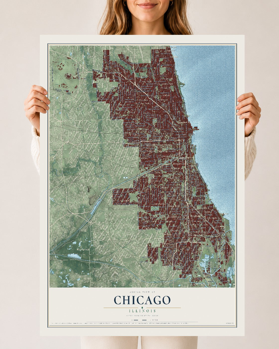 Map of Chicago, Illinois, 24 x 36 inch unframed archival matte print