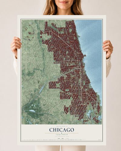 Map of Chicago, Illinois, 24 x 36 inch unframed archival matte print