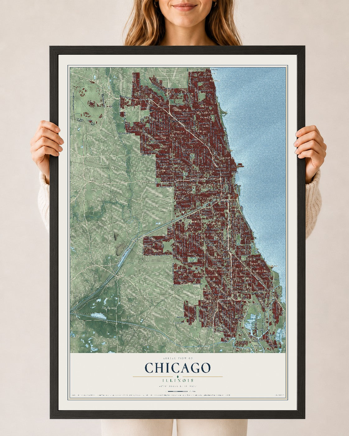 Map of Chicago, Illinois, 24 x 36 inch print in a black wood frame