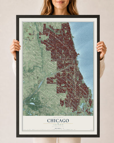 Map of Chicago, Illinois, 24 x 36 inch print in a black wood frame