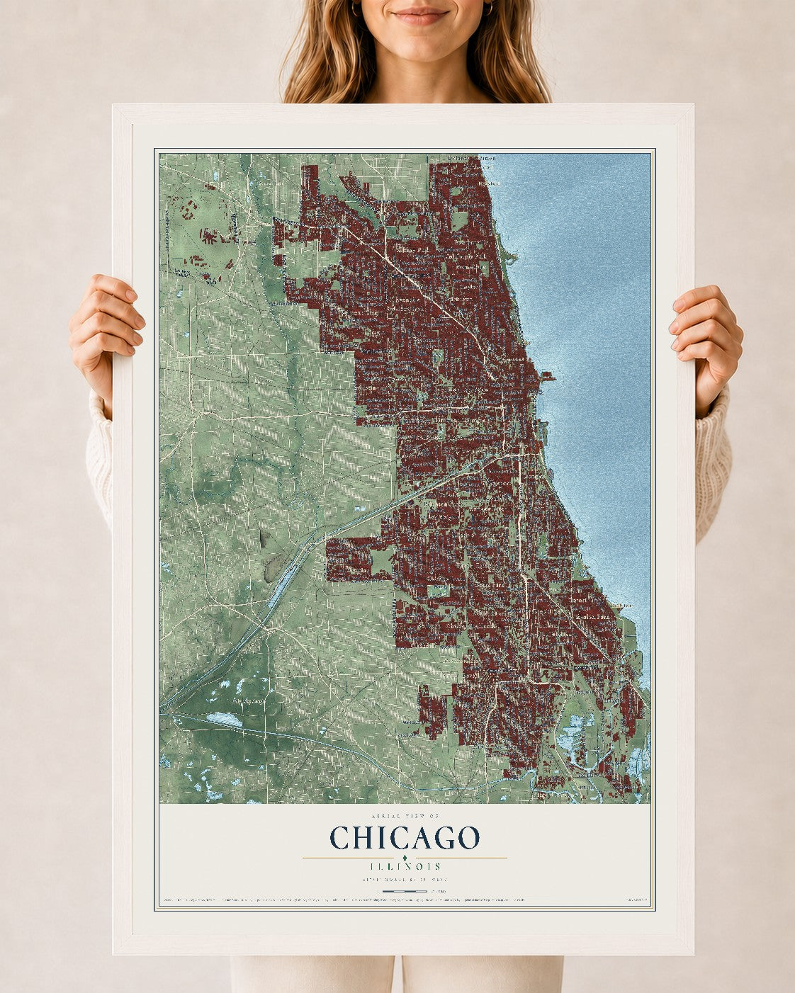 Map of Chicago, Illinois, 24 x 36 inch print in a white wood frame