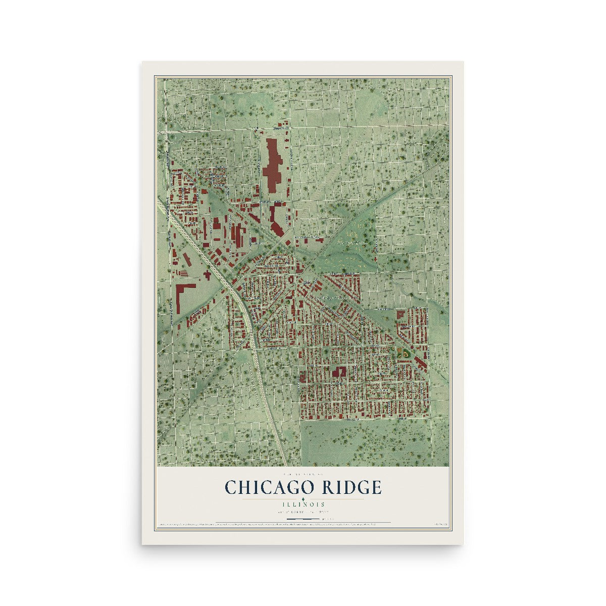 Map of Chicago Ridge, Illinois, 12 x 18 inch unframed archival matte print
