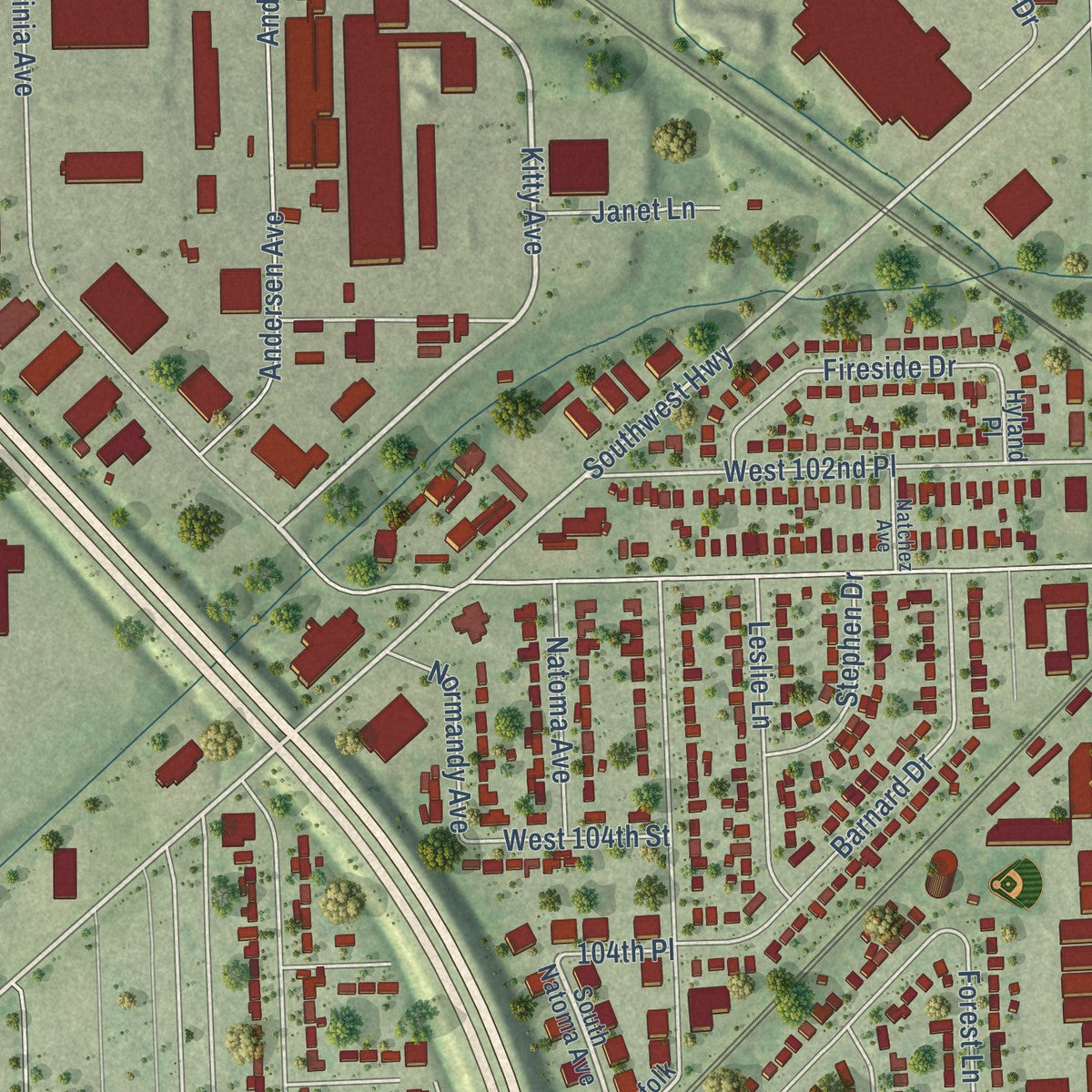 Second close-up of the map of Chicago Ridge, Illinois print showing more streets and buildings