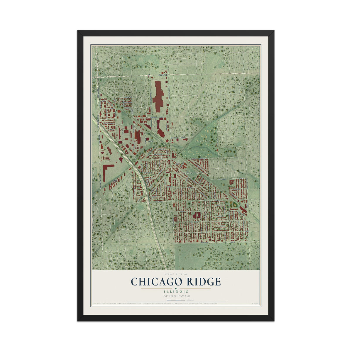 Map of Chicago Ridge, Illinois, 12 x 18 inch print in a black wood frame
