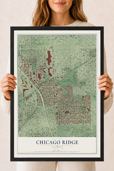 Map of Chicago Ridge, Illinois, 18 x 24 inch print in a black wood frame