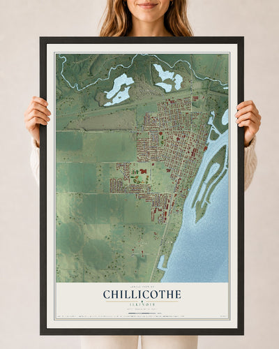 Map of Chillicothe, Illinois, 24 x 36 inch print in a black wood frame