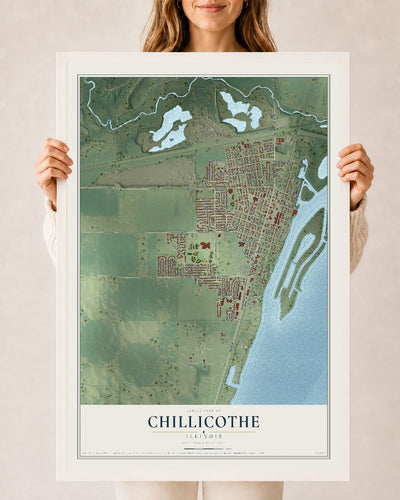 Map of Chillicothe, Illinois, 24 x 36 inch print in a white wood frame