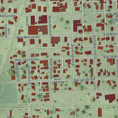 Close-up of the map of Chrisman, Illinois print showing street and building detail
