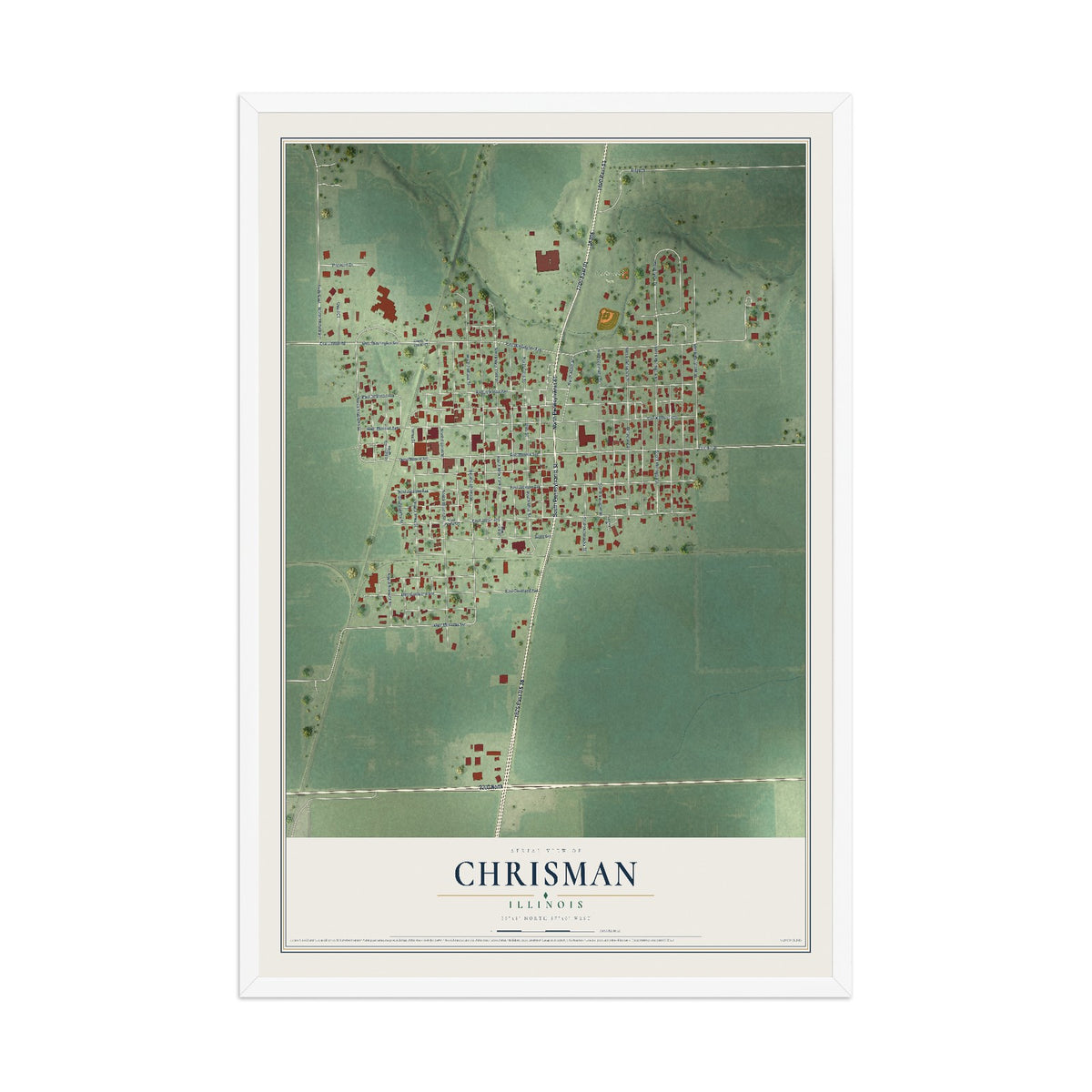 Map of Chrisman, Illinois, 12 x 18 inch print in a white wood frame