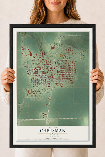 Map of Chrisman, Illinois, 18 x 24 inch print in a black wood frame