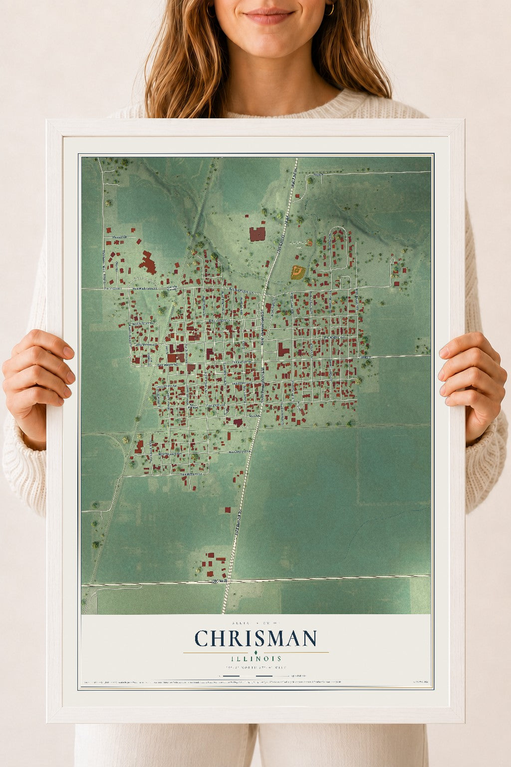 Map of Chrisman, Illinois, 18 x 24 inch print in a white wood frame