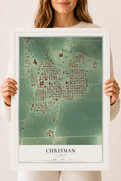 Map of Chrisman, Illinois, 18 x 24 inch print in a white wood frame