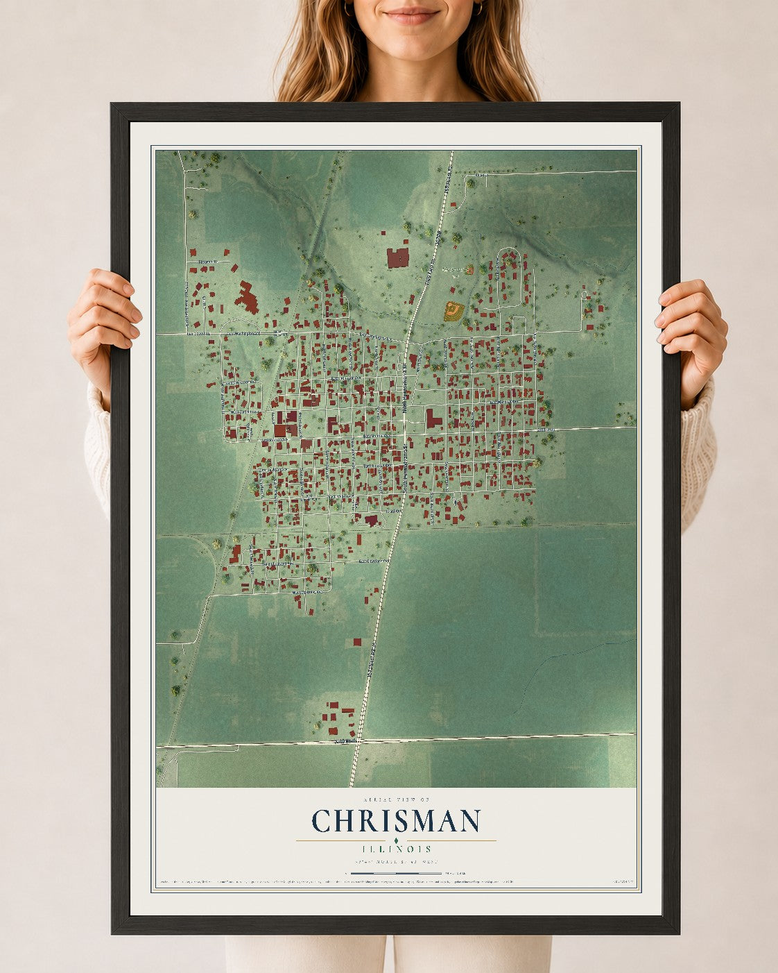 Map of Chrisman, Illinois, 24 x 36 inch print in a black wood frame
