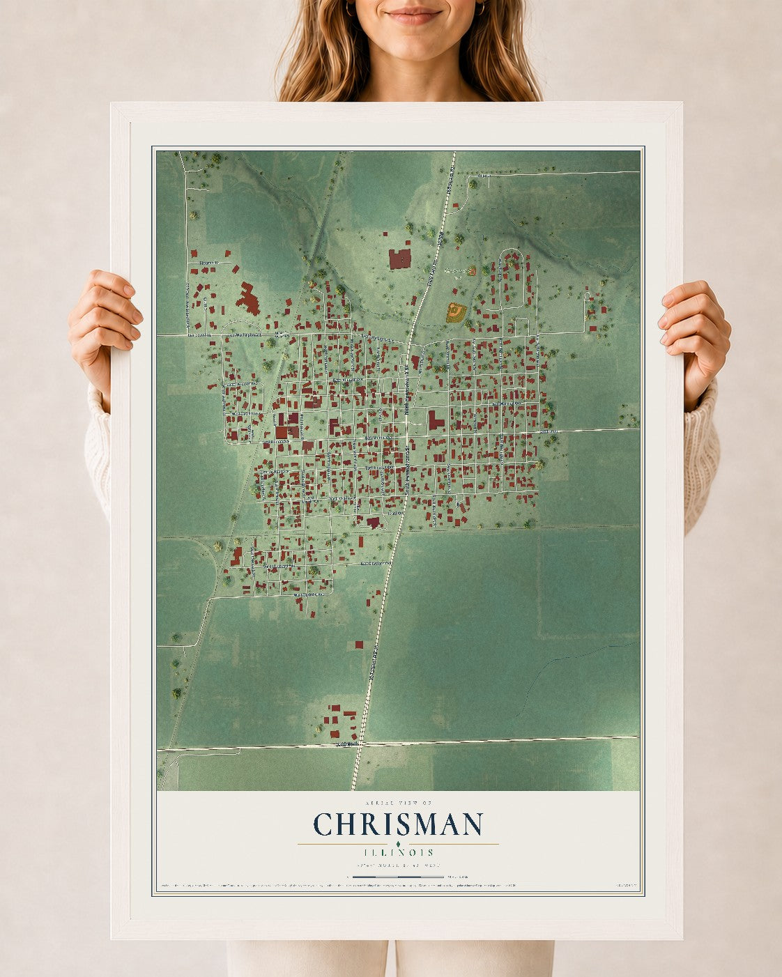 Map of Chrisman, Illinois, 24 x 36 inch print in a white wood frame