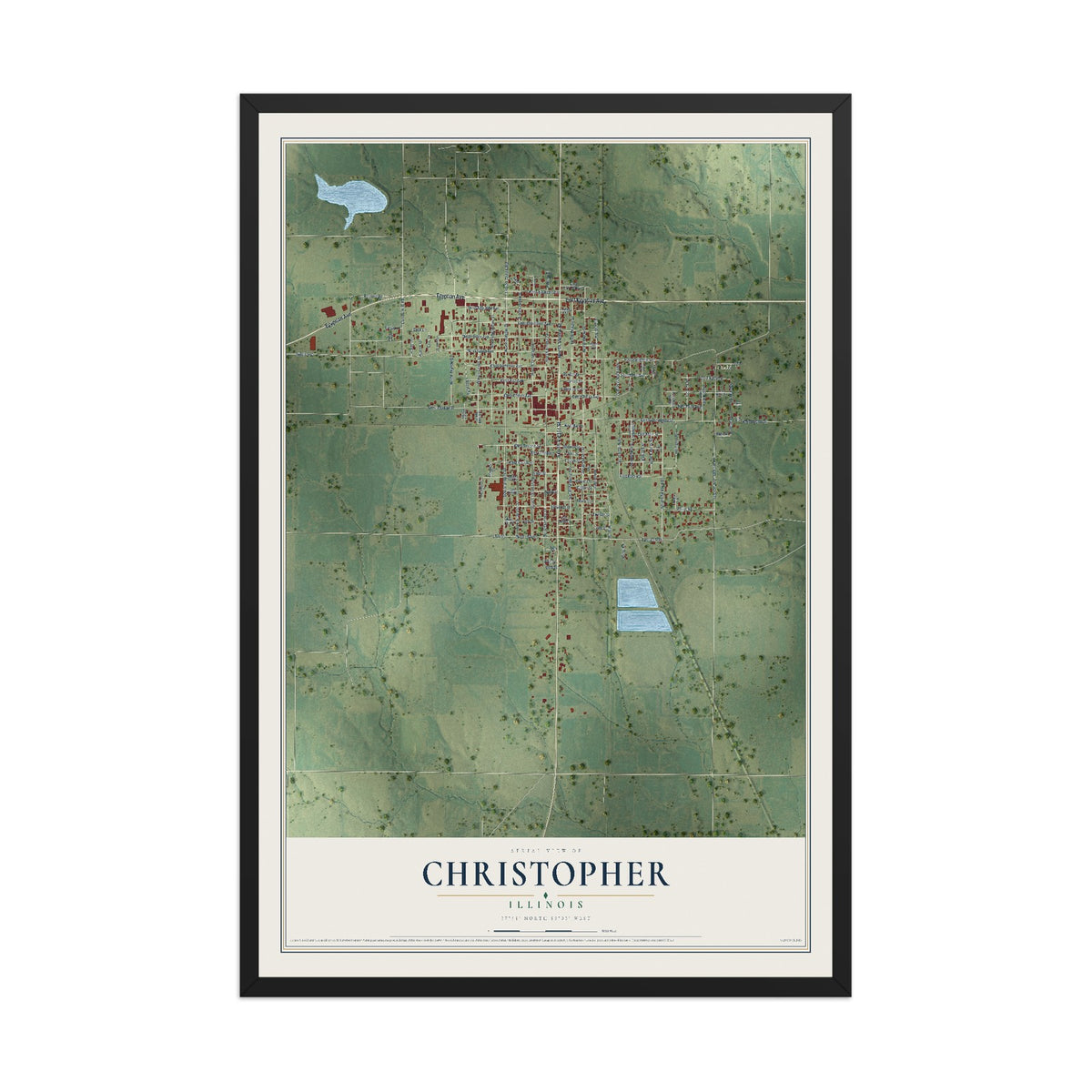 Map of Christopher, Illinois, 12 x 18 inch print in a black wood frame