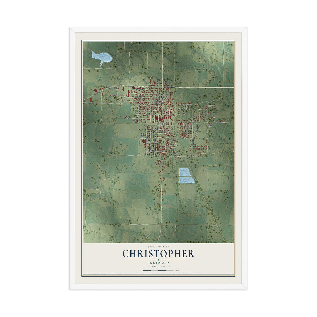 Map of Christopher, Illinois, 12 x 18 inch print in a white wood frame