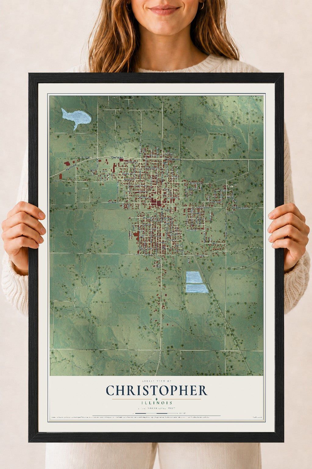 Map of Christopher, Illinois, 18 x 24 inch print in a black wood frame