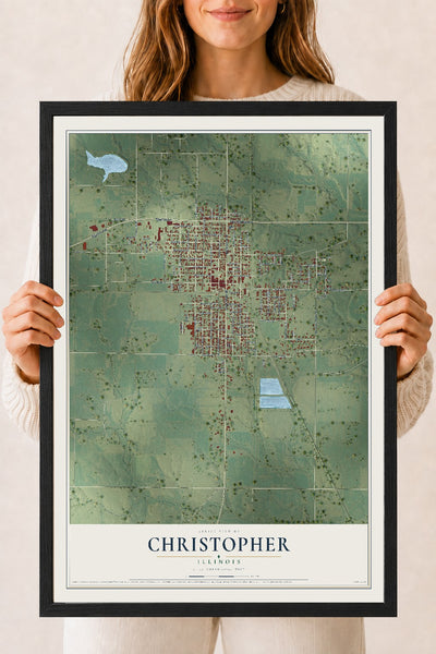 Map of Christopher, Illinois, 18 x 24 inch print in a black wood frame