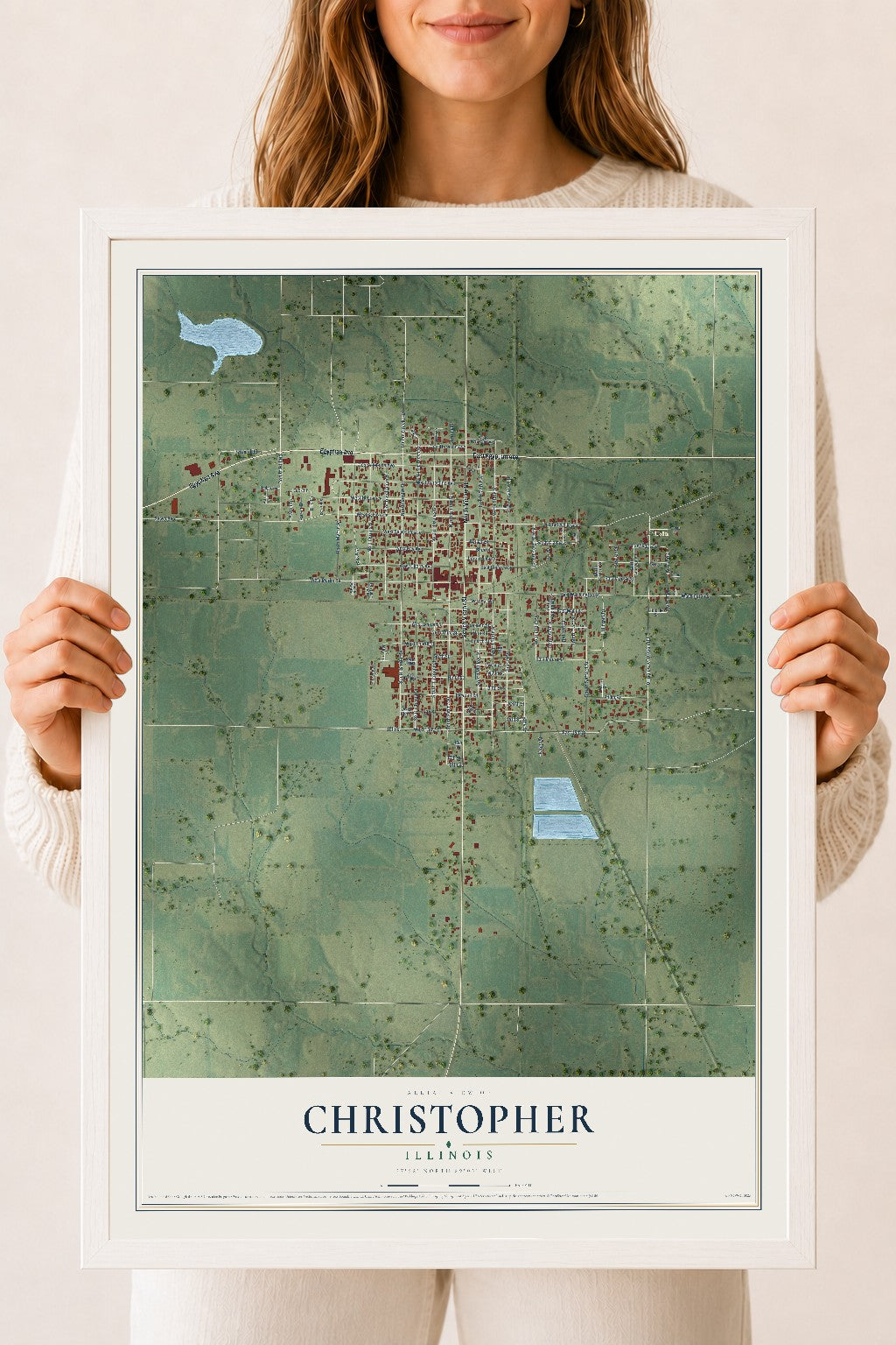 Map of Christopher, Illinois, 18 x 24 inch print in a white wood frame