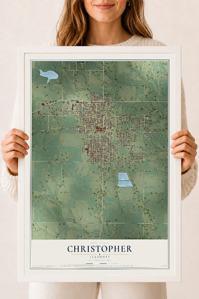 Map of Christopher, Illinois, 18 x 24 inch print in a white wood frame