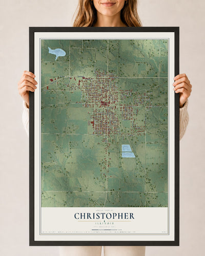 Map of Christopher, Illinois, 24 x 36 inch print in a black wood frame