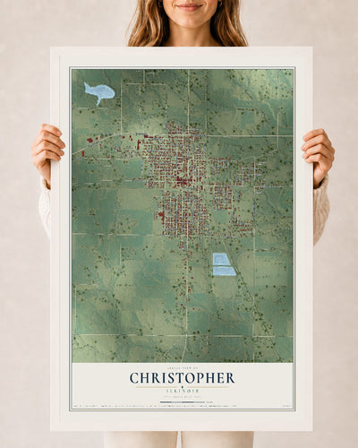 Map of Christopher, Illinois, 24 x 36 inch print in a white wood frame