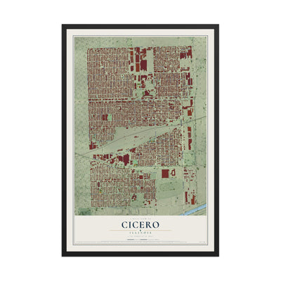 Map of Cicero, Illinois, 12 x 18 inch print in a black wood frame
