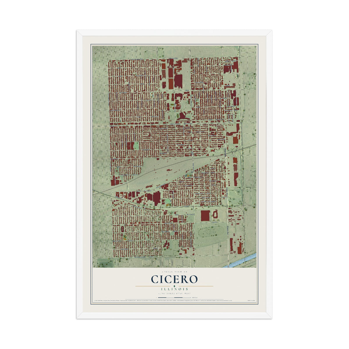 Map of Cicero, Illinois, 12 x 18 inch print in a white wood frame