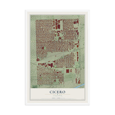 Map of Cicero, Illinois, 12 x 18 inch print in a white wood frame