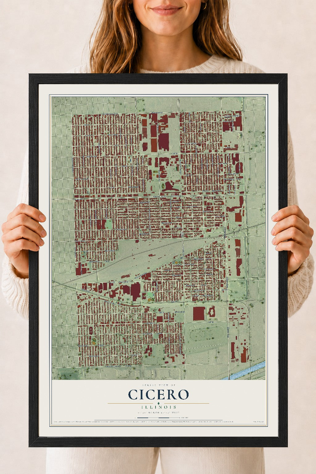 Map of Cicero, Illinois, 18 x 24 inch print in a black wood frame
